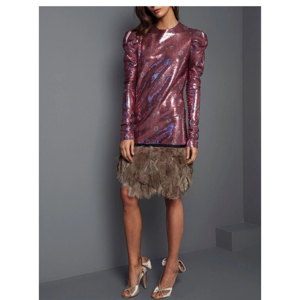 Johanna Ortiz Aurora Sequin Puff Shoulder Dress w Puff Sleeves and Feather Hem.